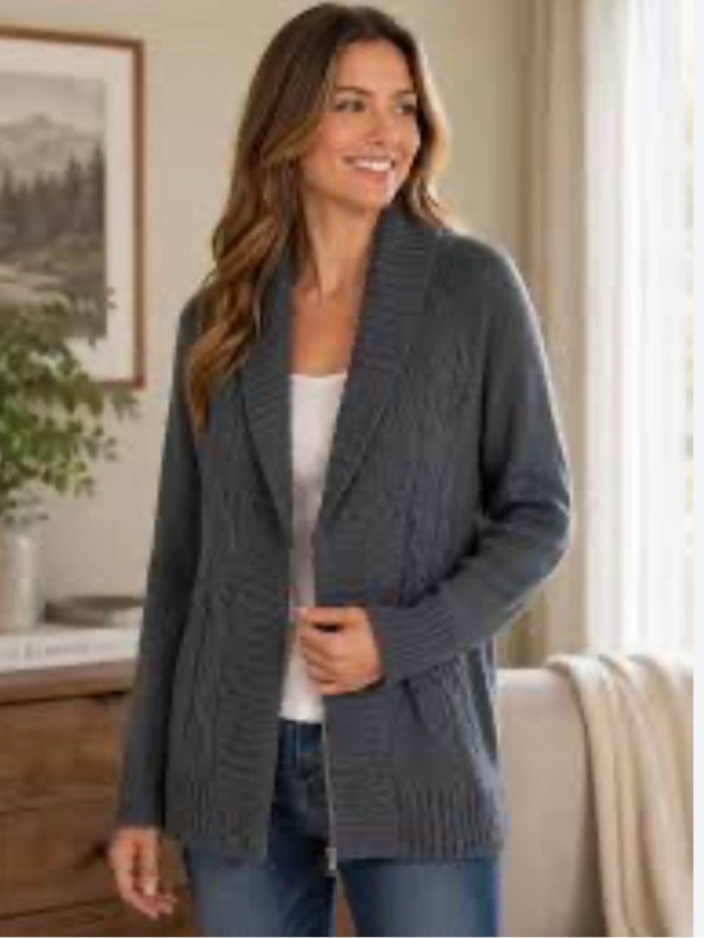 Eddie Bauer Front Zip Cable-Knit Cardigan Sweater Gray Wool Blend Women’s Small